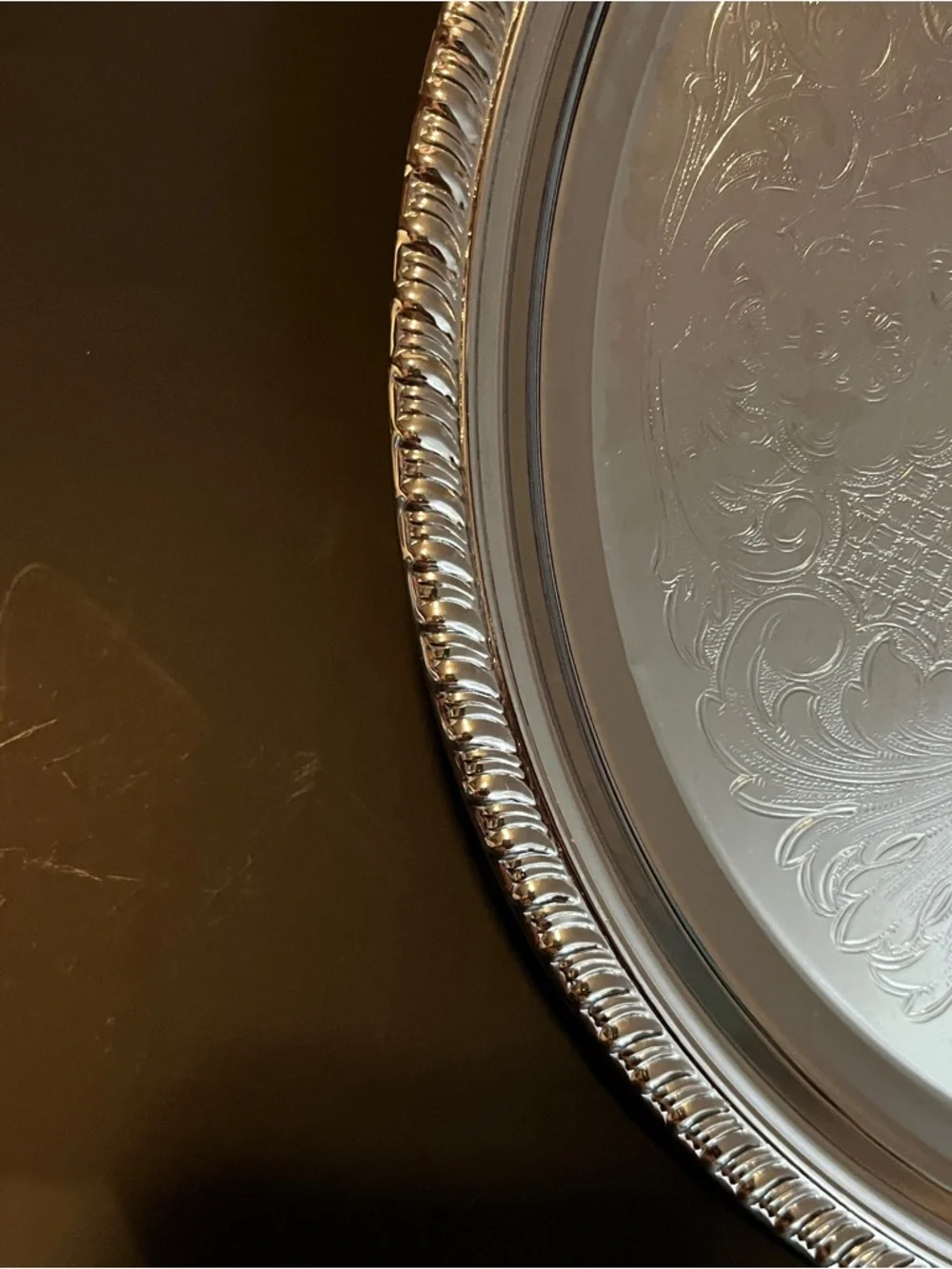 VTG Irvinware Chrome Plated 12.5 Inch Round Serving Tray Etched Design Made USA